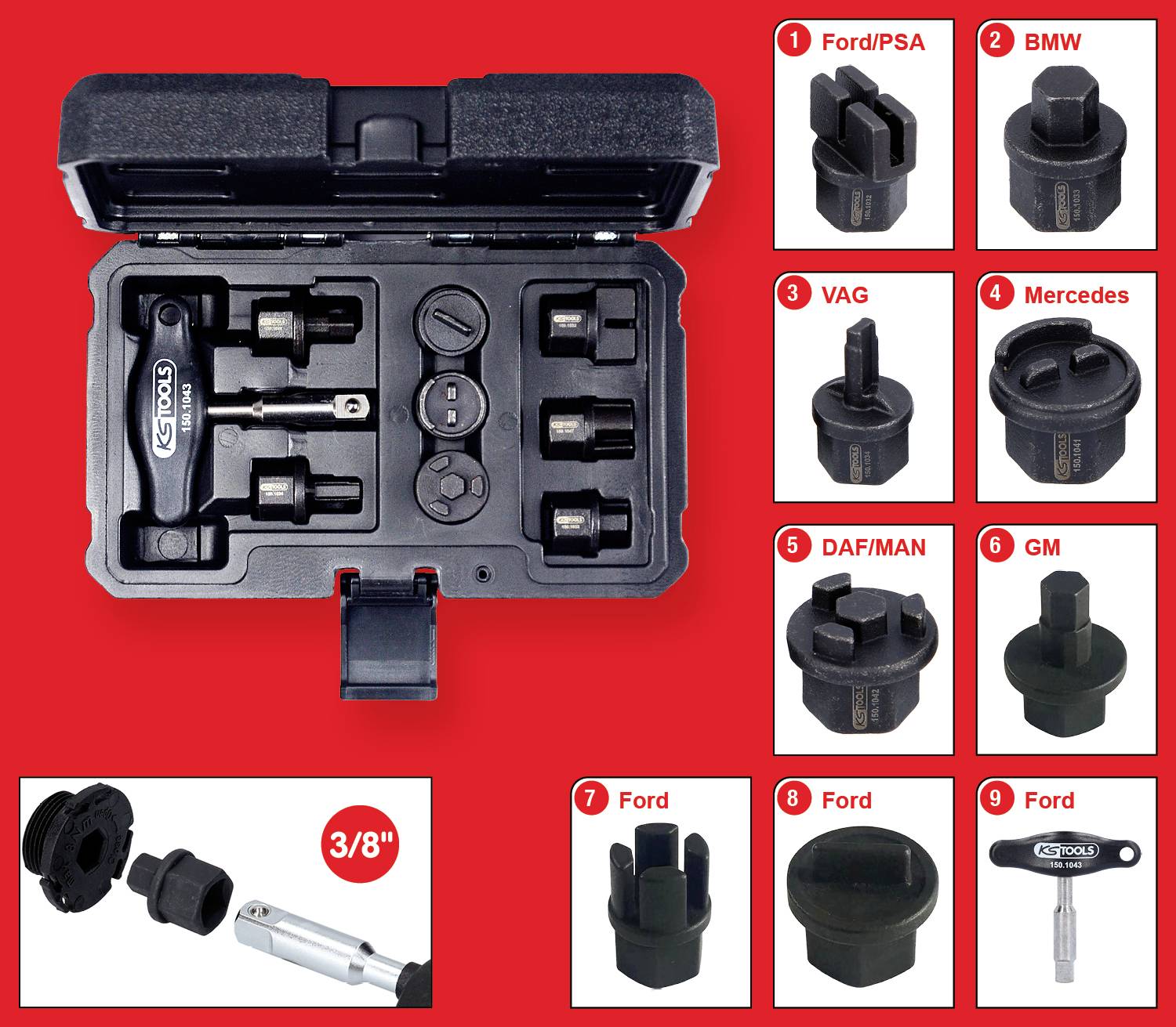 KS Tools 150.1040 3/8" Öldienst-Spezialprofil-Satz für Kunststoff-Ölablassschrauben, 9-tlg