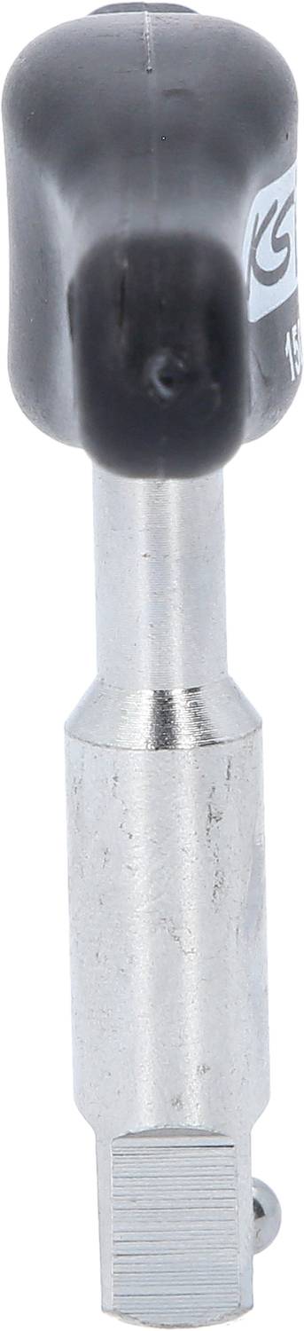 Ein Metalladapter mit schwarzem Kunststoffgriff, seitlich montiert. Verwendet für die Befestigung oder Verbindung von Teilen.