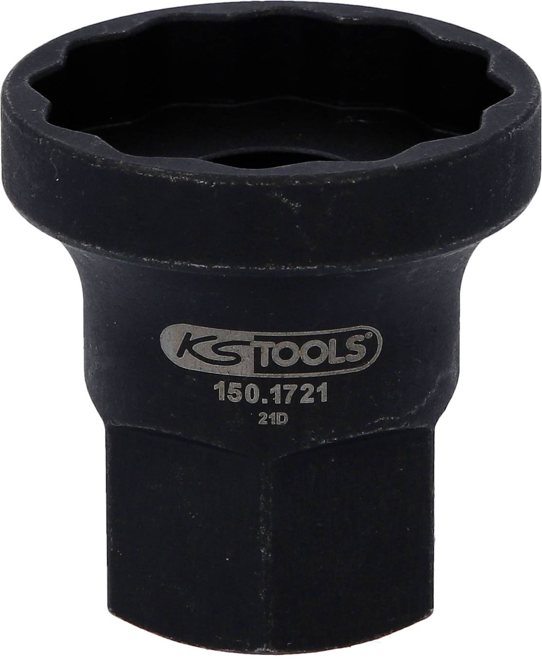 Ein schwarzer Steckschlüsselaufsatz mit der Aufschrift 'KS TOOLS 150.1721'. Verwendet zum Lösen oder Anziehen von Schrauben oder Muttern.