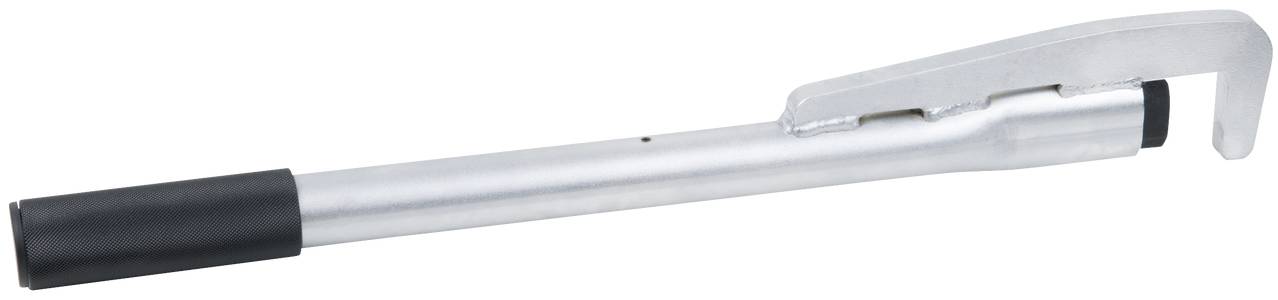 Ein silberner T-Griff-Drehmomentmesser mit schwarzem Griff und Haken am Ende, verwendet zur genauen Messung von Drehmoment.