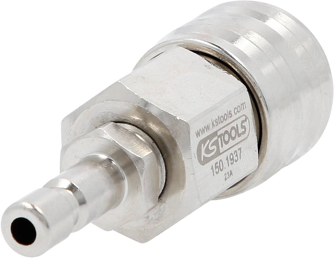 Metallischer Schnellkupplungsstecker mit zylindrischem Design, firmiert mit 'KS Tools'. Geeignet für pneumatische Systeme.