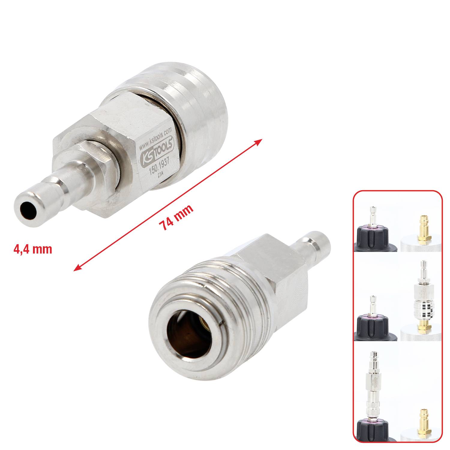 Zwei Metalladapter unterschiedlicher Größe, einer mit 74 mm markiert. Zusätzlich ein Bild mit mehreren kleineren Adapteransicht.
