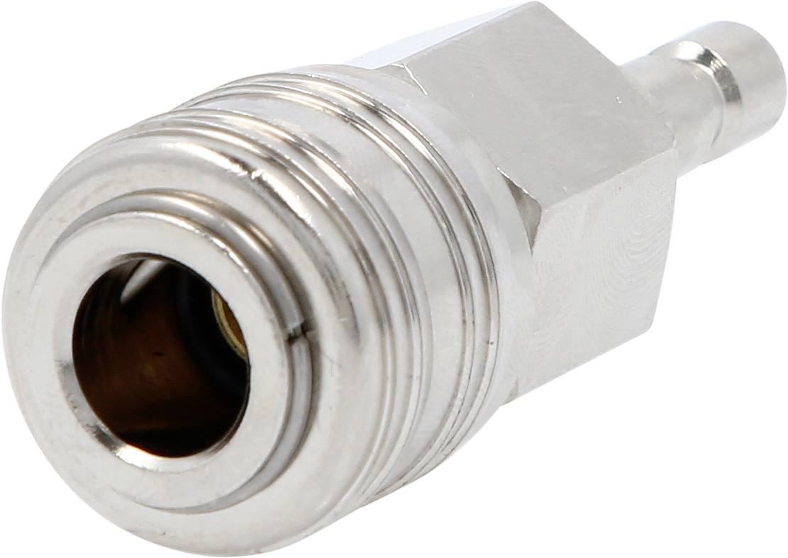 Metallischer Steckverbinder mit zylindrischem Körper und Innensechskantstruktur. Verwendet für Rohr- oder Schlauchanschluss.