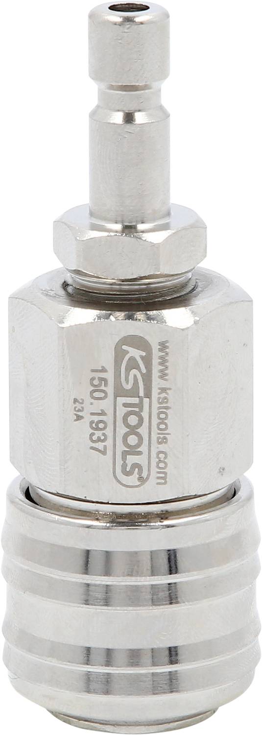 Metallischer Druckluftadapter von KS Tools. Zylindrische Form mit Logo und Produktnummer '150.1997' sichtbar.