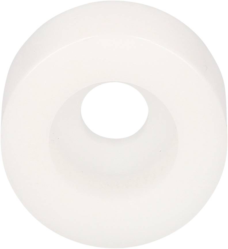 Ein weißes Skateboard-Rad mit einem zentralen Loch, glatt und gleichmäßig geformt.