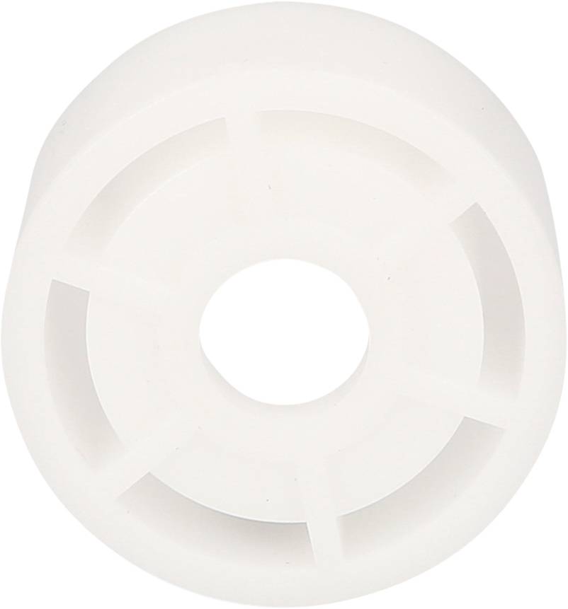 Ein weißes, zylinderförmiges Kunststoffrad mit Rillen und einem zentralen Loch.