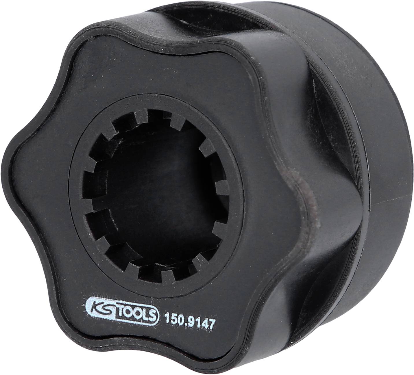 Schwarzer, sternförmiger Steckschlüssel von KS Tools, Modell 150.9147, zum Lösen von fest sitzenden Muttern oder Schrauben.