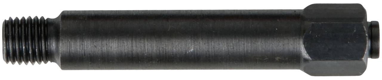 Metallischer Gewindebolzen, zylindrisch, mit sechseckigem Kopf an einem Ende, schwarze Oberfläche. Hauptsächlich in Maschinenbau verwendet.