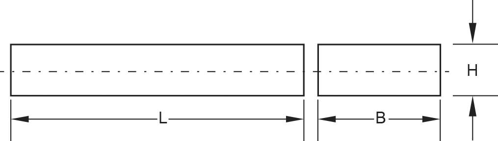 Technische Zeichnung eines Quaders. Länge (L), Breite (B) und Höhe (H) sind mit Pfeilen gekennzeichnet. Der Querschnitt ist gestrichelt.