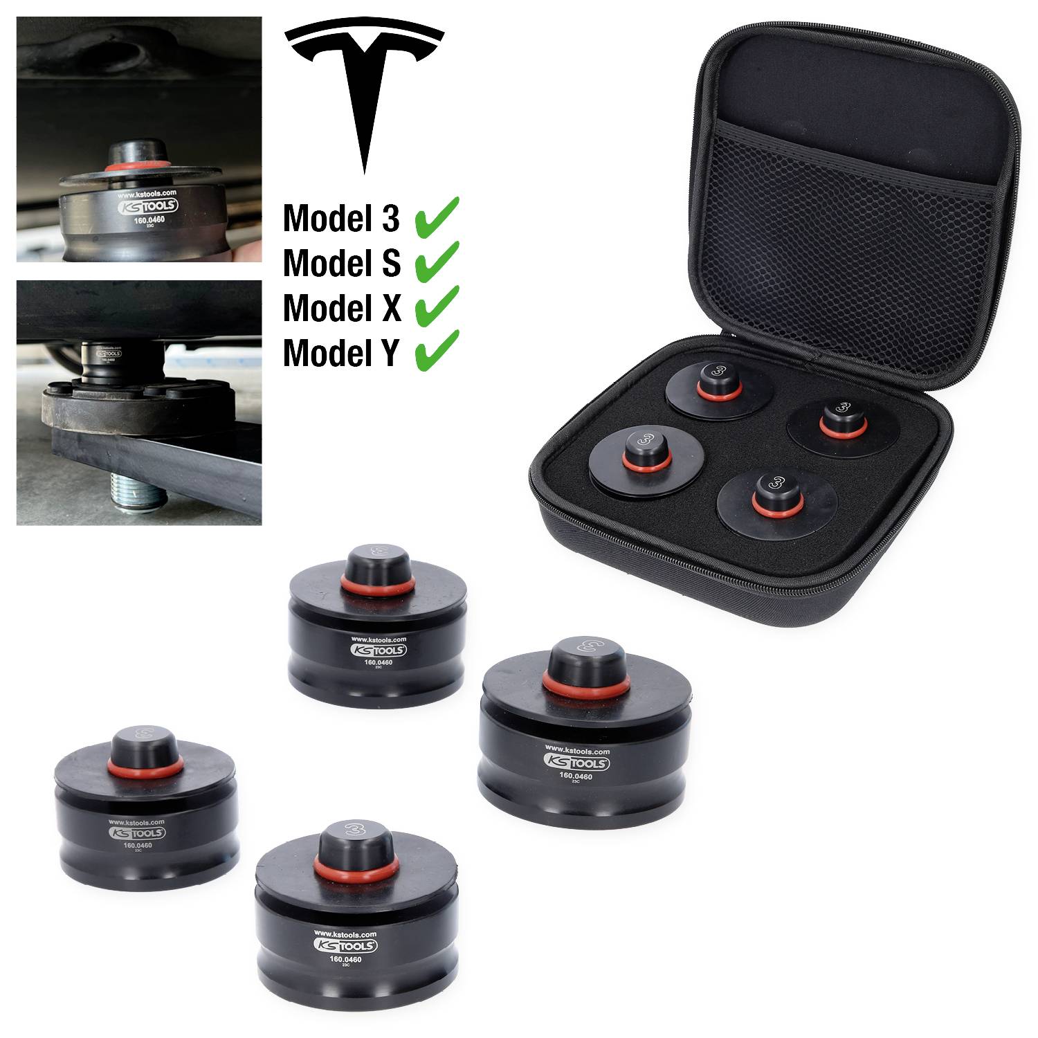 Koffer mit vier Wagenheberaufnahmen für Tesla, passend für Model 3, S, X, Y. Detailansichten zeigen die korrekte Montage der Aufnahmen.