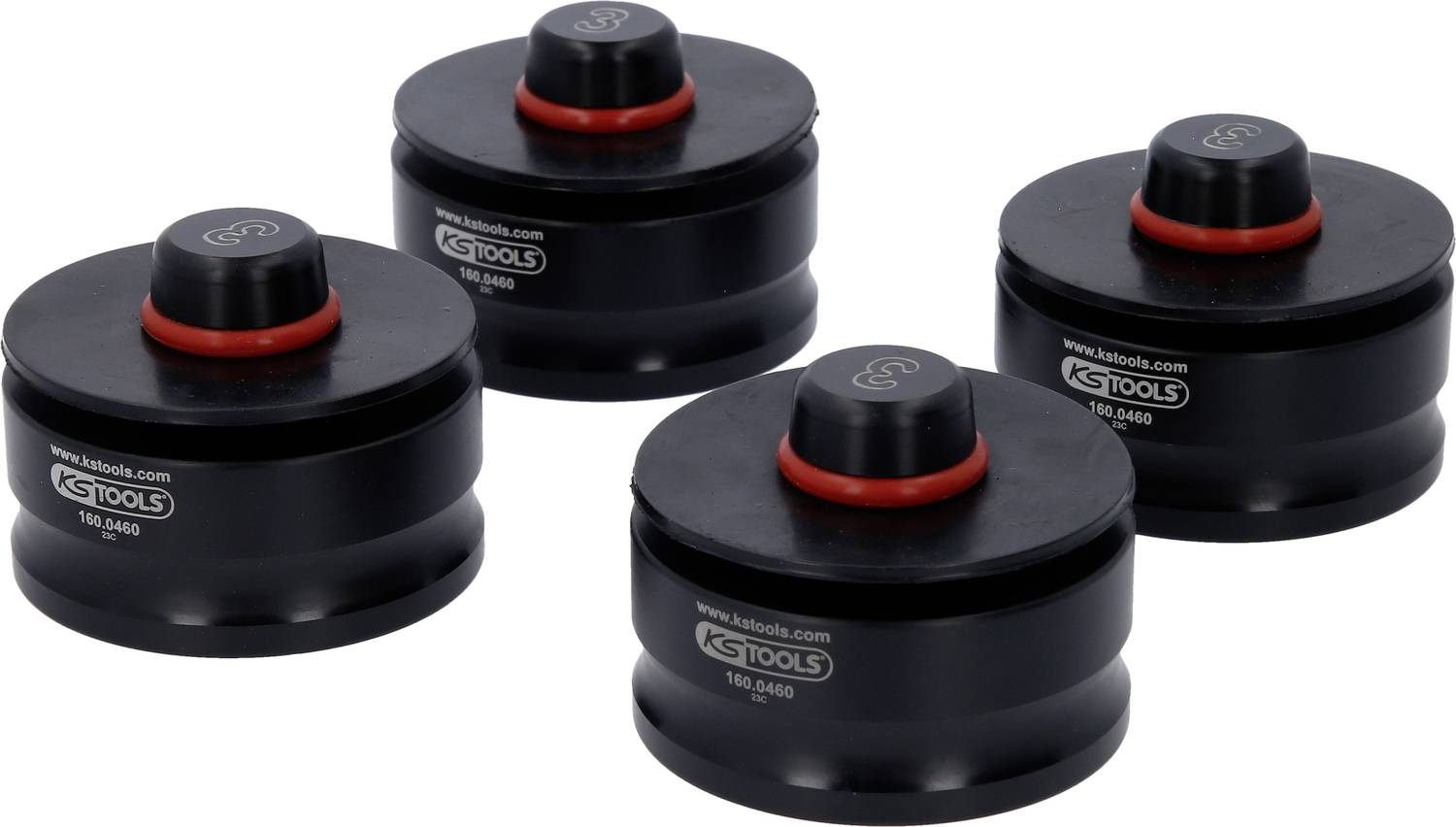 Vier schwarze, zylinderförmige Adapter mit rotem Ring und KS Tools-Logo, seitlich betrachtet.