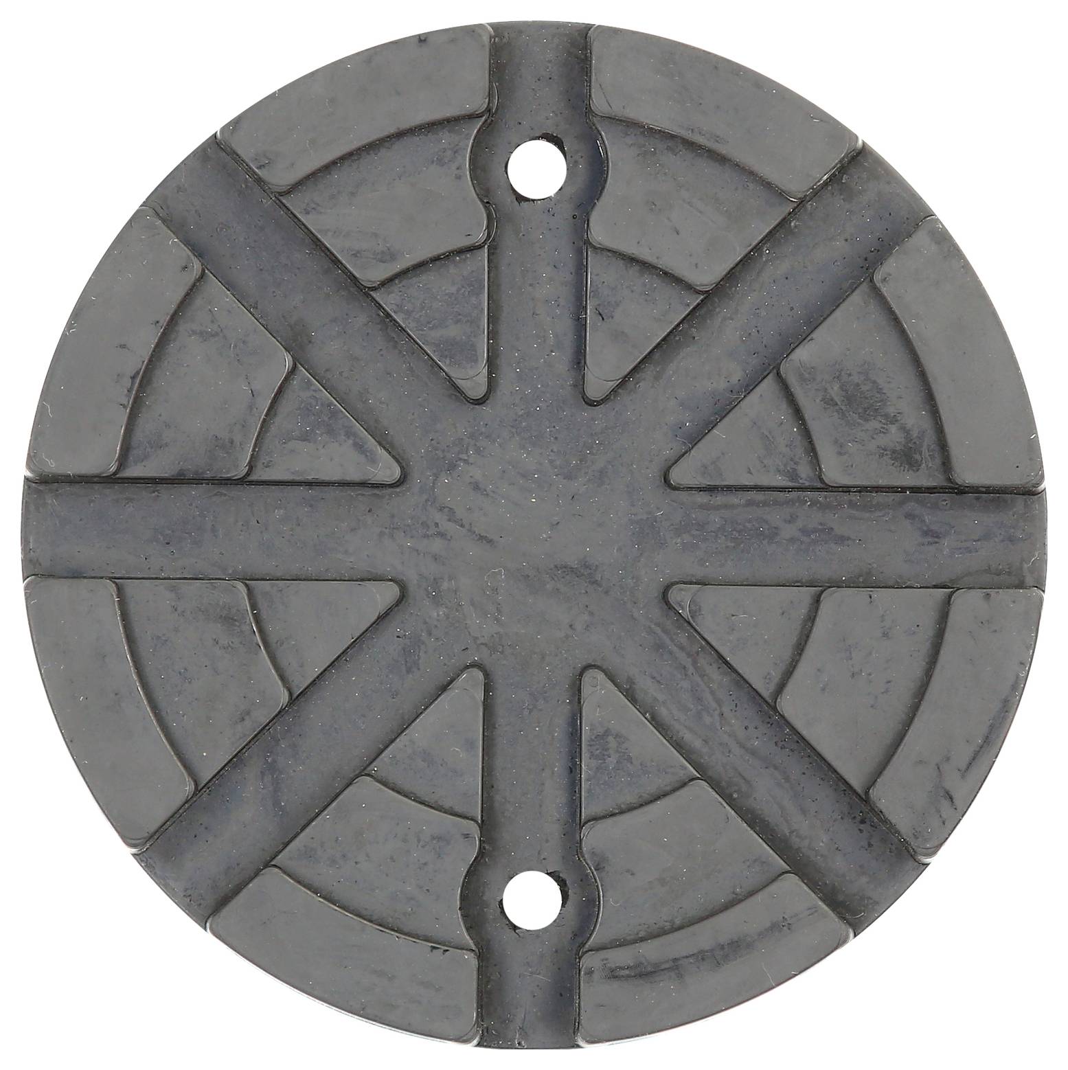 Runde schwarze Gummimatte mit zwei Löchern und erhabenen radialen Linienmuster, häufig als Auflage oder Schutz verwendet.