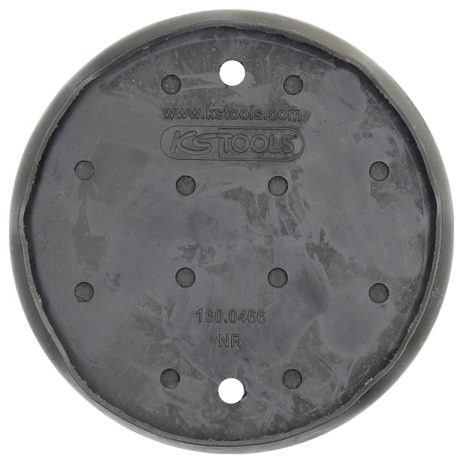 Runde schwarze Abdeckung mit der Aufschrift 'www.kstools.com' und 'KS TOOLS'. Zehn symmetrische Löcher sind gleichmäßig verteilt.
