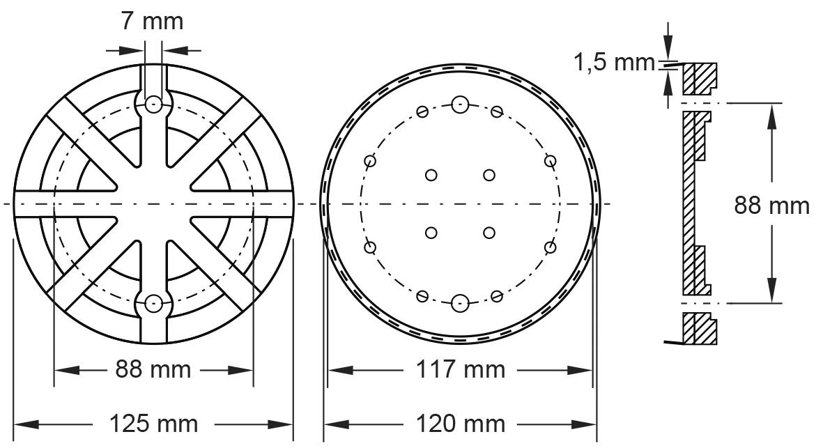 Technische Zeichnung eines runden Bauteils mit Abmessungen: Durchmesser 88 mm, Höhe 117 mm. Querschnittsansicht zeigt 1,5 mm Dicke.