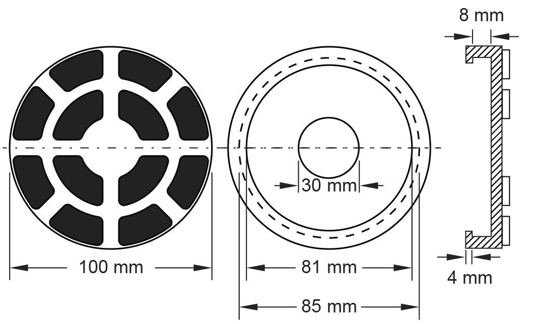 Technische Zeichnung von drei Ansichten eines zylinderförmigen Objekts mit Maßen: Durchmesser 100 mm, 81 mm, 30 mm; Dicke 8 mm.