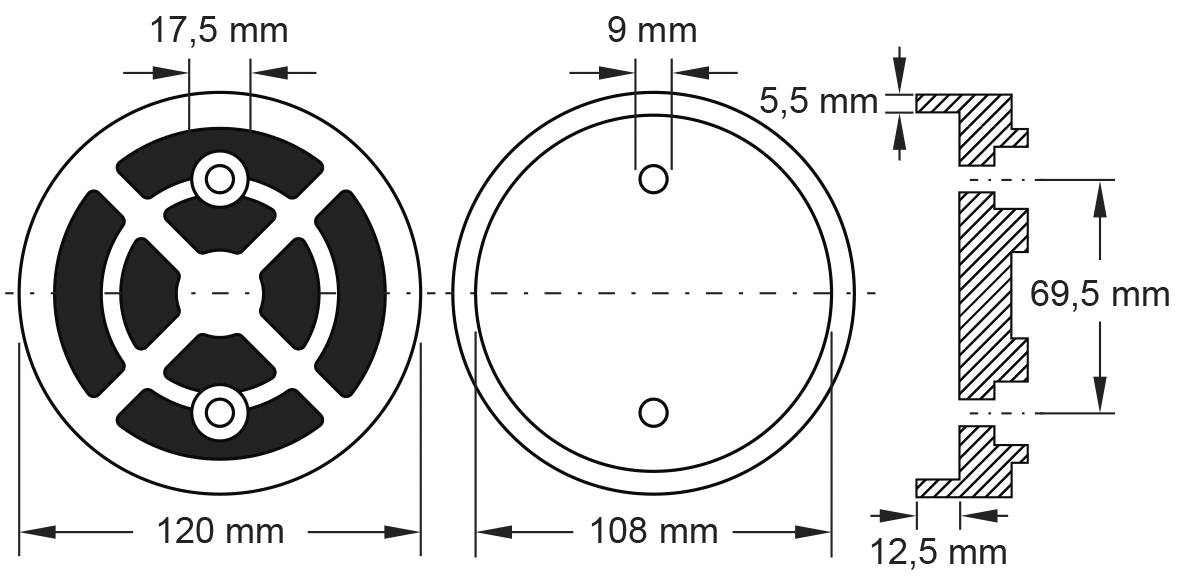 Technische Zeichnung eines Ventildeckels mit drei Ansichten: Frontansicht 120mm Durchmesser, Seitenansicht 69,5mm Höhe, Oberansicht mit Bohrloch 9mm Durchmesser.