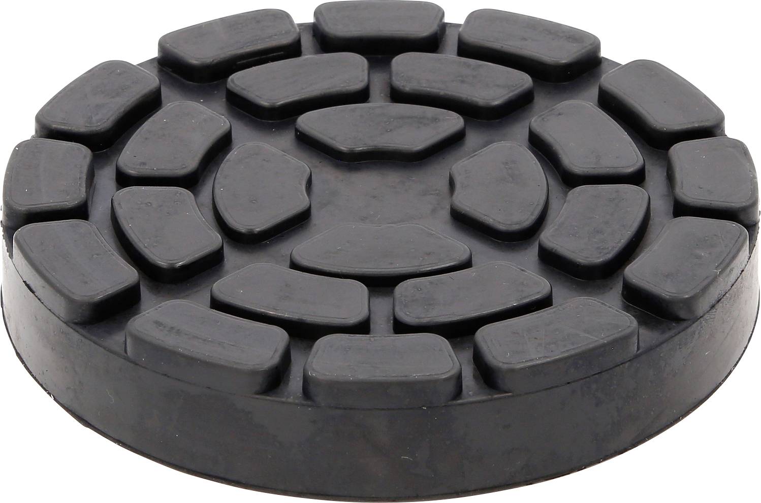 Gummiauflage in rundem Design mit mehreren erhöhten, rechteckigen Segmenten zur Unterstützung von Hebebühnen.
