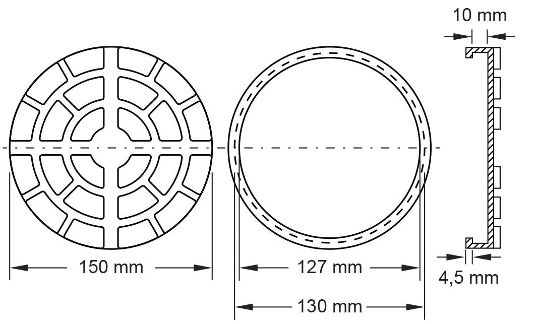 Technische Zeichnung einer runden Lüftungsabdeckung mit Maßangaben: Durchmesser 150 mm, Innendurchmesser 127 mm, Tiefe 10 mm.