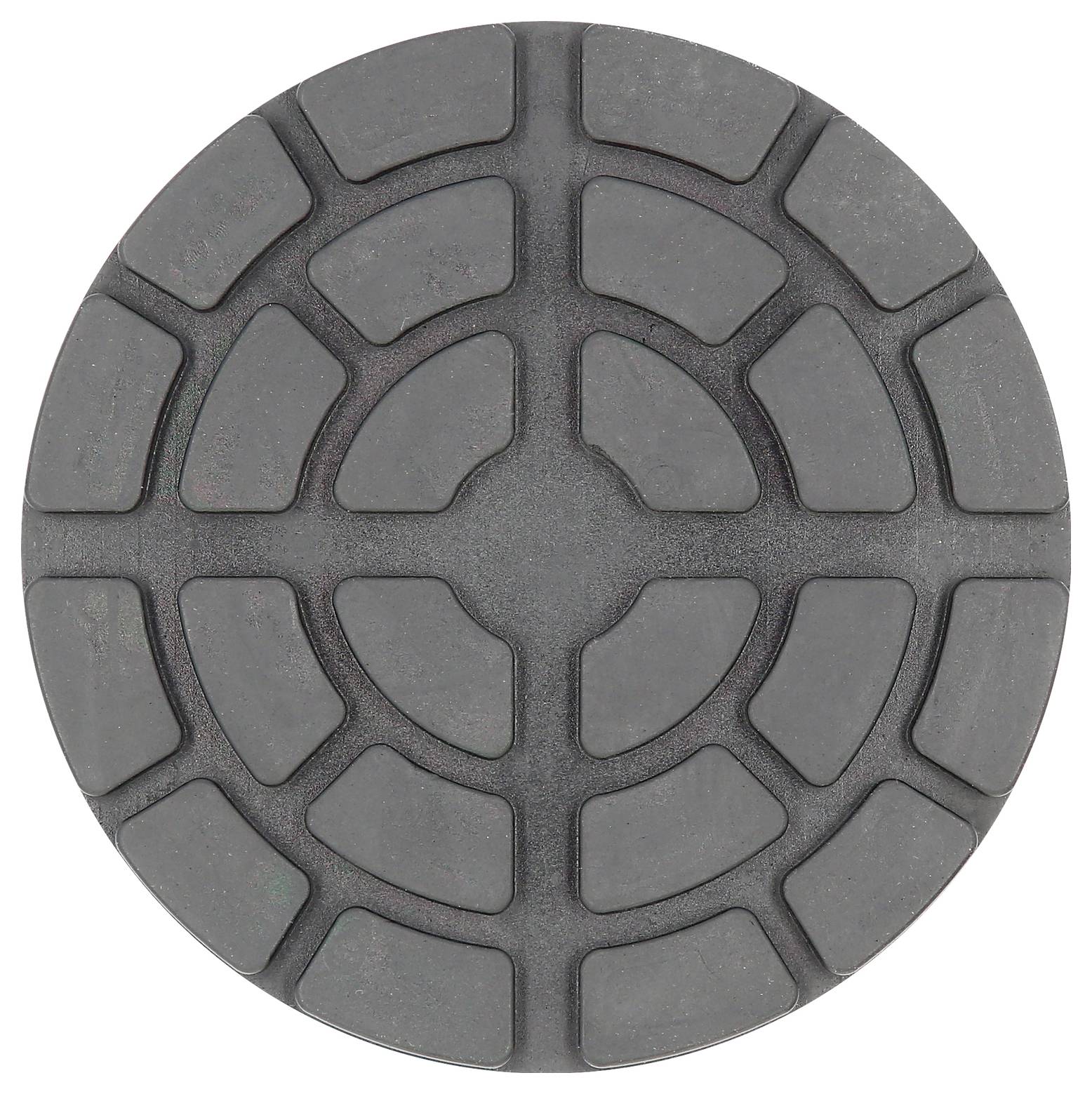 Runder, grauer Gummiauflageblock mit rutschfester, texturierter Oberfläche und kreisförmigem Muster, geeignet für Hebebühnen.