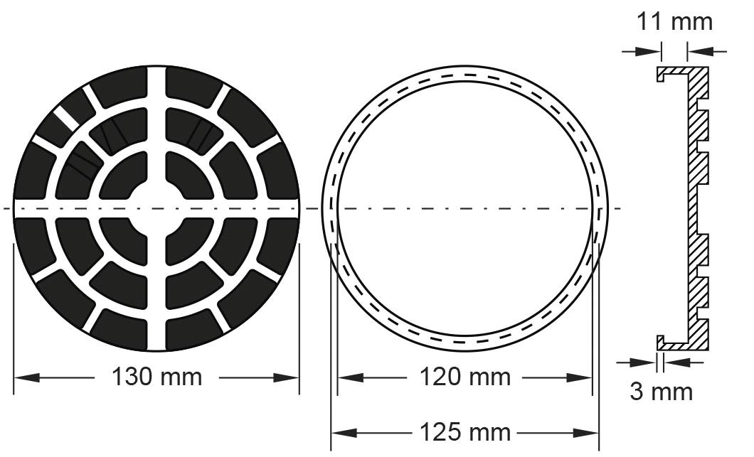 Konstruktionszeichnung eines runden Objekts mit Maßen: Durchmesser 130 mm, Innendurchmesser 120 mm, Tiefe 11 mm, Rand 3 mm.