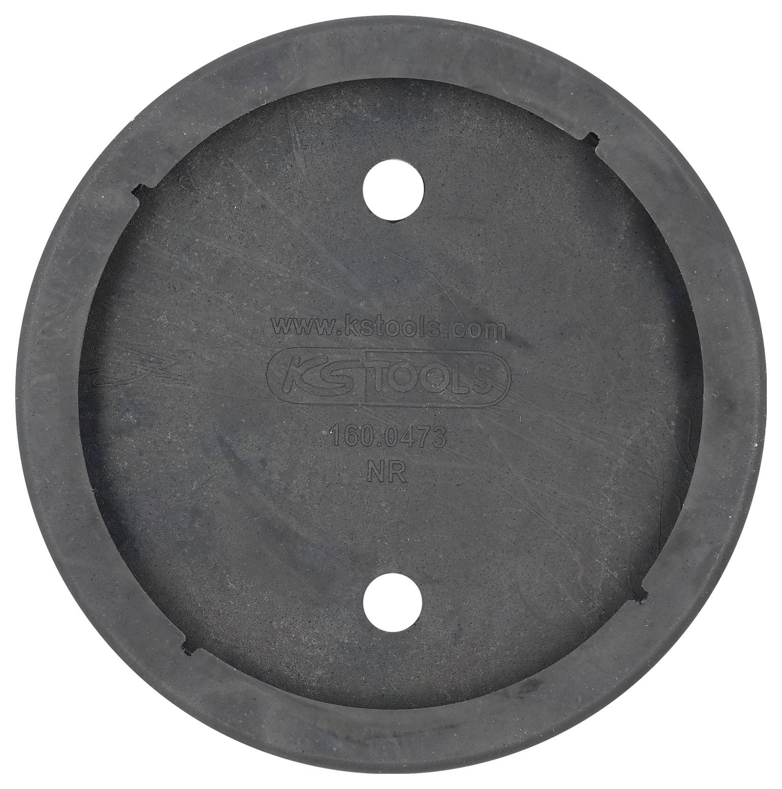 Schwarzer, runder Gummiaufsatz mit zwei Löchern und der Aufschrift 'KS Tools'. Verwendet als Schutz- oder Stützelement.