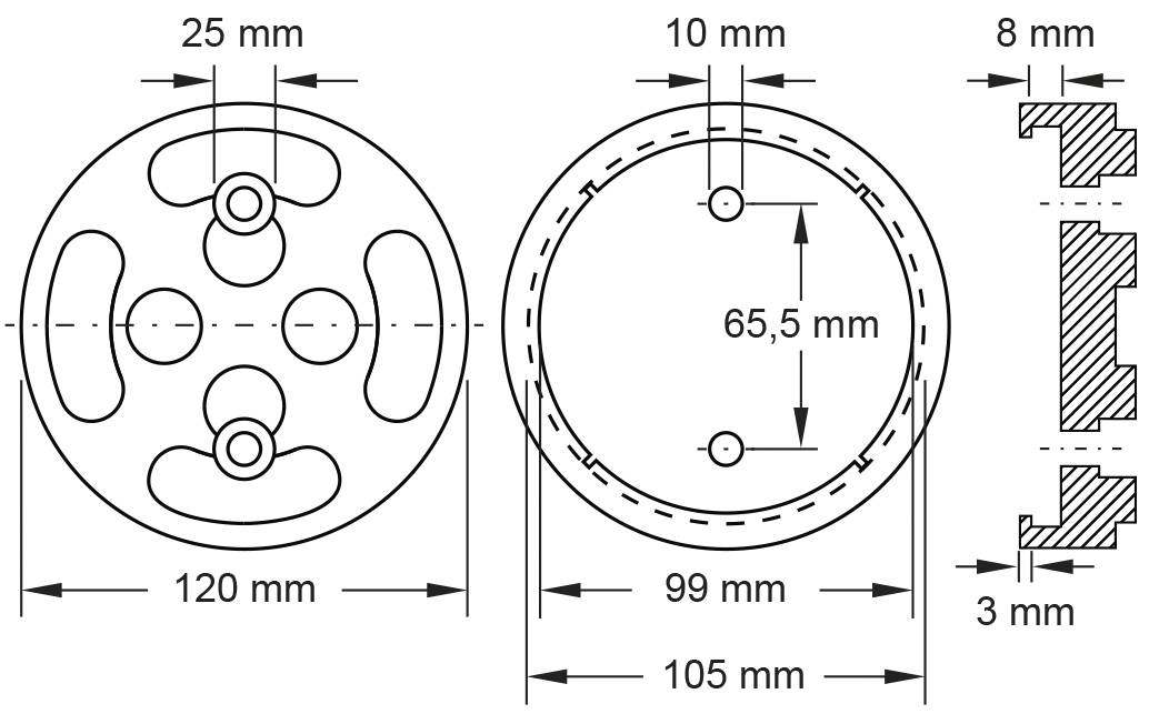 Technische Zeichnung eines runden Maschinenbauteils mit Maßen: Durchmesser 120 mm, 99 mm, 105 mm; Öffnung 65,5 mm; Dicke 8 mm, 3 mm.