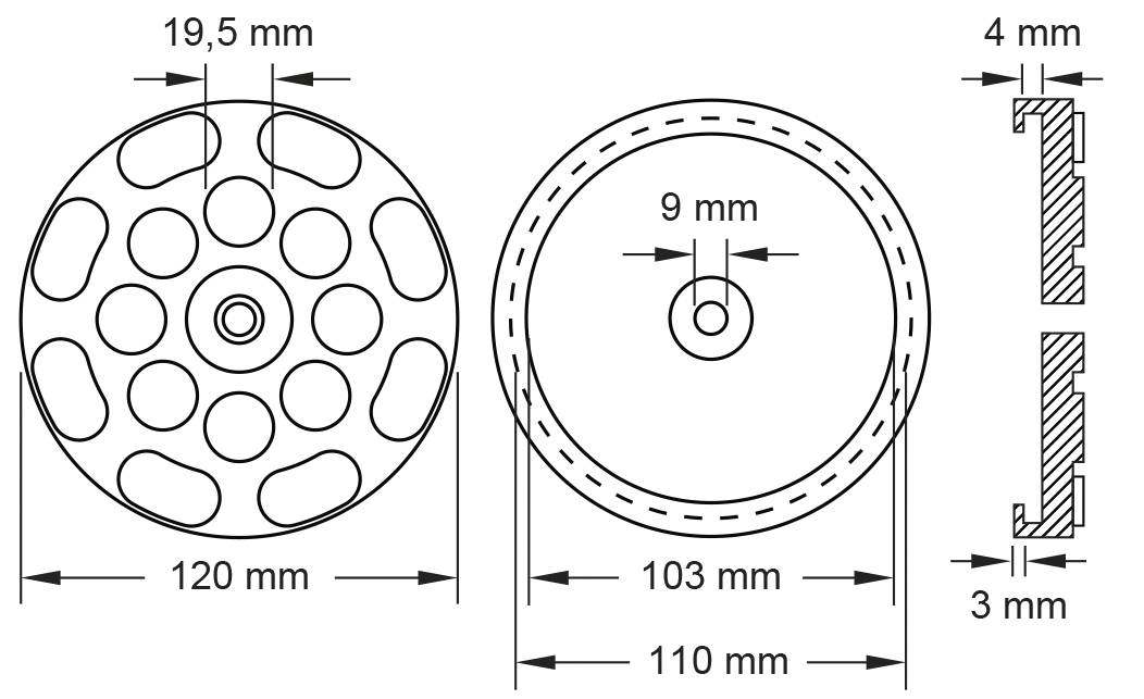 Technische Zeichnung eines Rades mit Durchmesserangaben: 120 mm außen, 110 mm innere Kante, 103 mm Innendurchmesser. Seitenschnitt zeigt Höhe von 4 mm und Breite von 4 mm bei 3 mm Wänden.