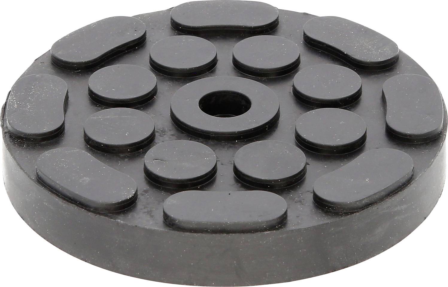 Schwarze, runde Gummiauflage mit mehreren ovalen Erhöhungen und einem zentralen Loch, verwendet zur stabilen Unterstützung von Fahrzeugen.