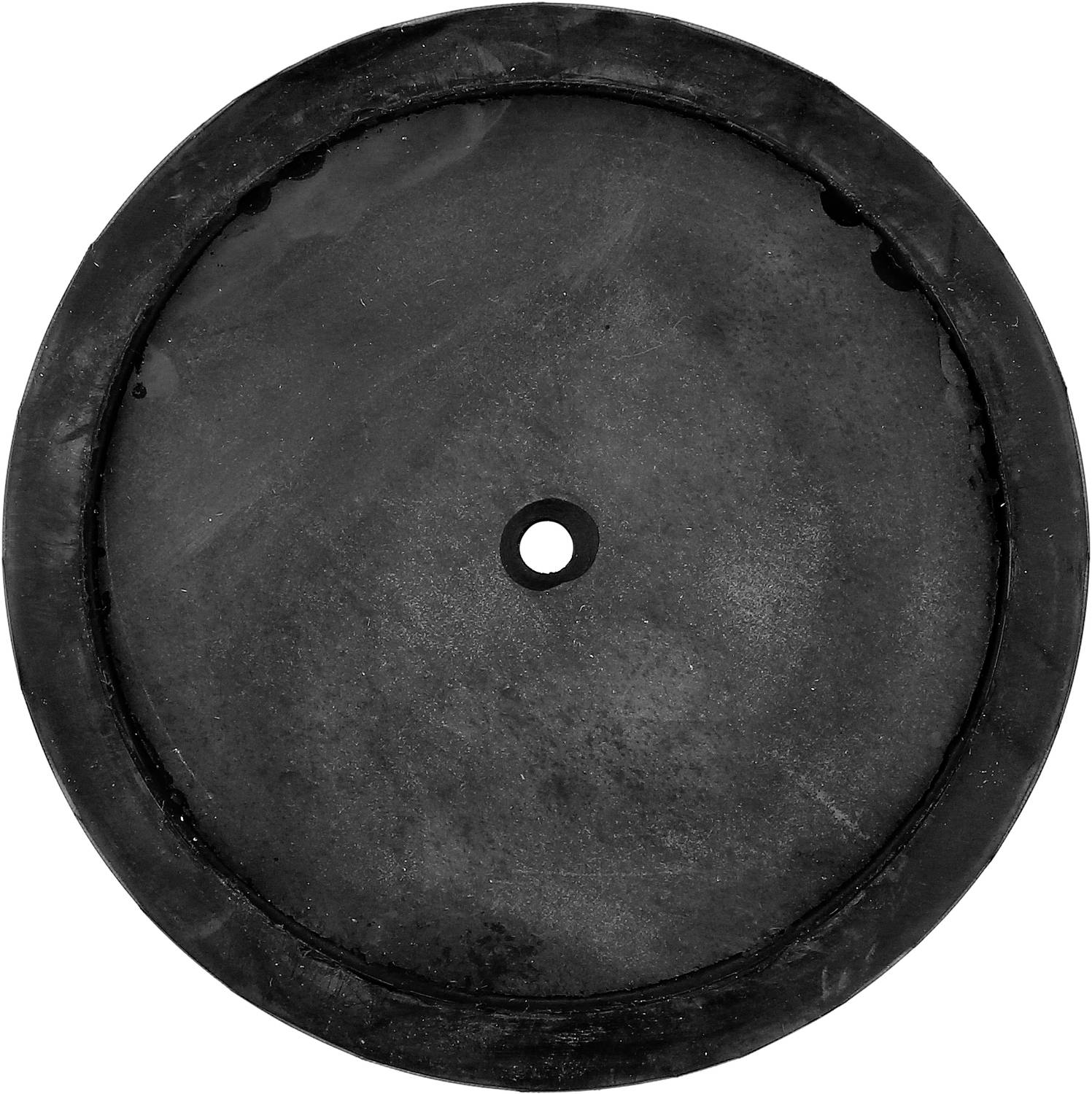 Ein schwarzes, rundes Gummirad mit Loch in der Mitte. Es hat eine glatte Oberfläche und wird möglicherweise als Ersatzrad verwendet.
