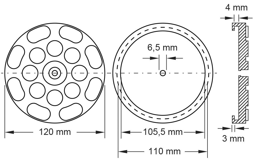 Bauplan eines runden Objekts mit Maßen: 120 mm Durchmesser, 6,5 mm zentrale Bohrung, 110 mm Innendurchmesser, 4 mm Dicke.