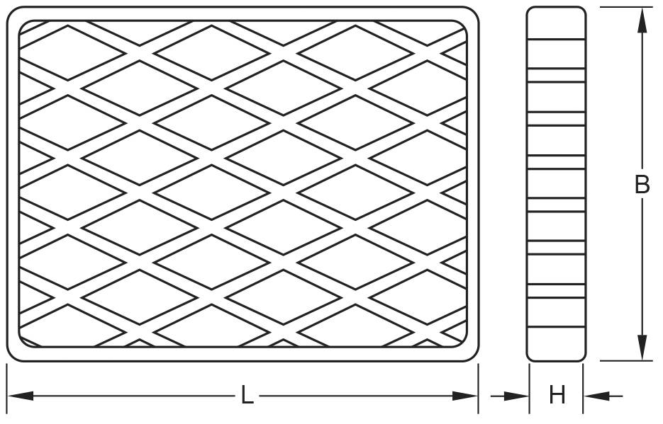 Technische Zeichnung eines rechteckigen Objekts mit rautenförmigem Muster, zeigt Vorderansicht mit Längenzeichnung L, Seitenansicht mit Höhenangaben B und H.