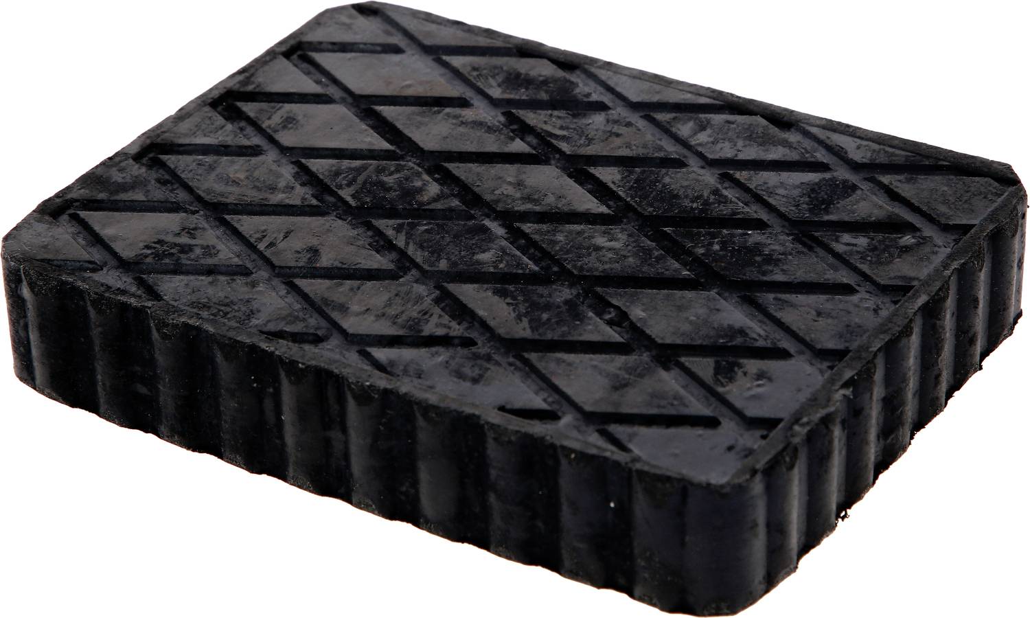 Schwarzer Gummipuffer mit rautenmuster Oberfläche und geriffelten Seiten. Verwendet zur Dämpfung oder Stabilisierung von Gegenständen.
