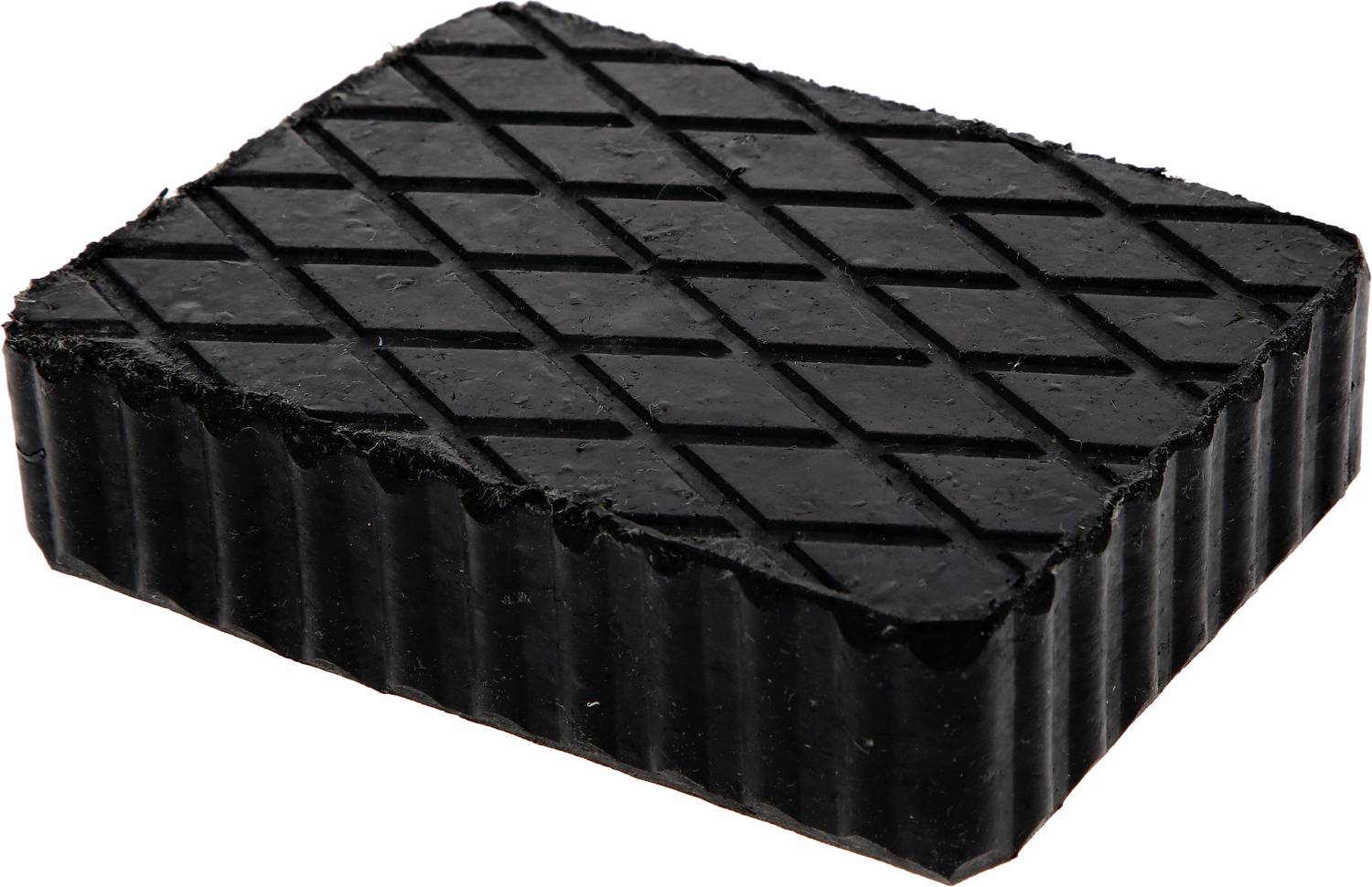 Ein rechteckiger, schwarzer Gummiblock mit rautenförmigem Muster auf der Oberfläche.
