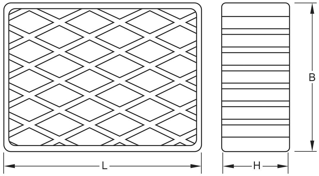 Zeichnung eines rechteckigen Gitters mit rautenförmigem Muster. Maße durch Pfeile dargestellt: Länge (L), Höhe (H) und Breite (B).