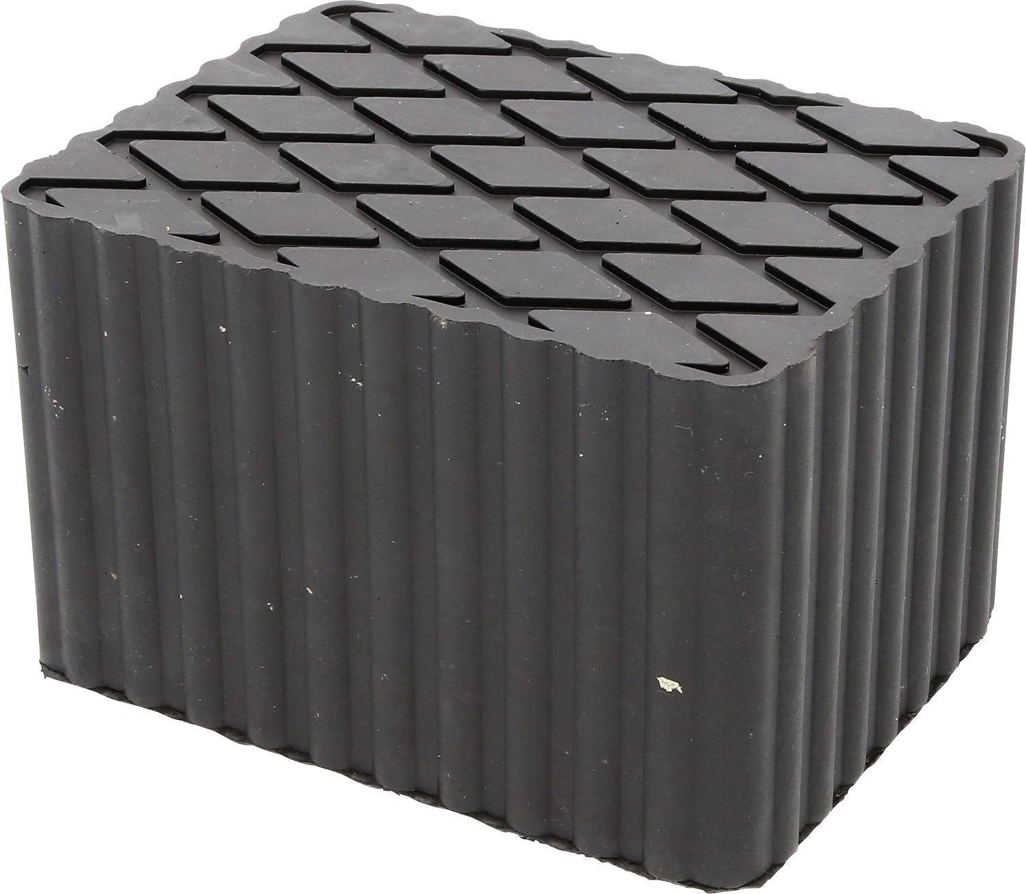 Ein schwarzer, rechteckiger Gummiblock mit rutschfester oberer Oberfläche und gerippten Seiten.