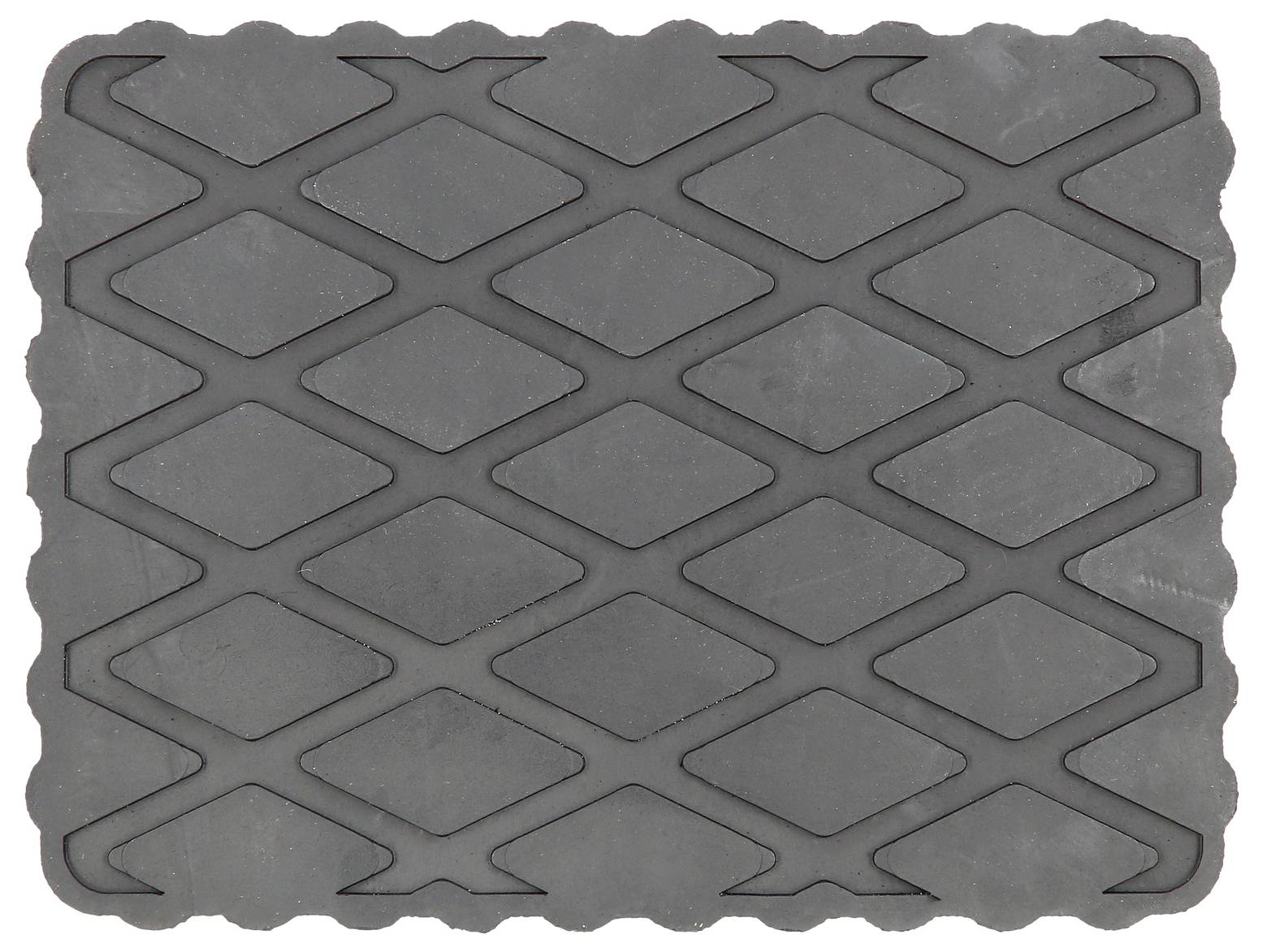 Graue Gummimatte mit rautenförmigen Mustern und welligem Rand. Geeignet als rutschfeste Unterlage.