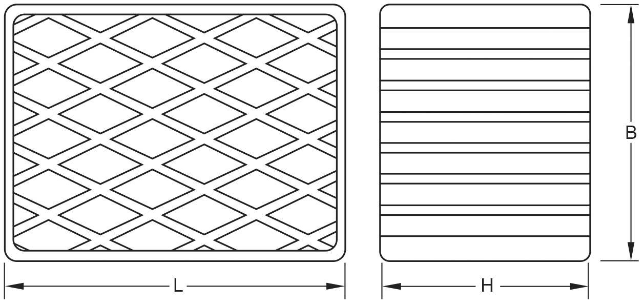 Zwei rechteckige Muster: links Rautenmuster, rechts horizontale Streifen. Pfeile zeigen Dimensionen B, H, und L an.