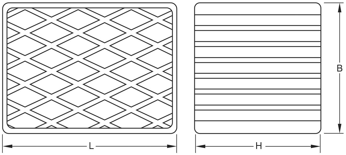 Diagramm von zwei rechteckigen Gittern: links ein diagonales Rautenmuster, rechts horizontale Linien. Maße L, H und B sind angezeigt.