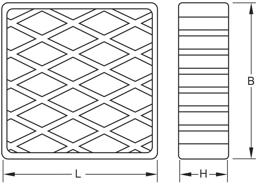 Technische Zeichnung eines Gitters mit rautenförmigen Öffnungen. Seitenansicht zeigt horizontale Linien. Beschriftet mit 'L', 'H', 'B'.