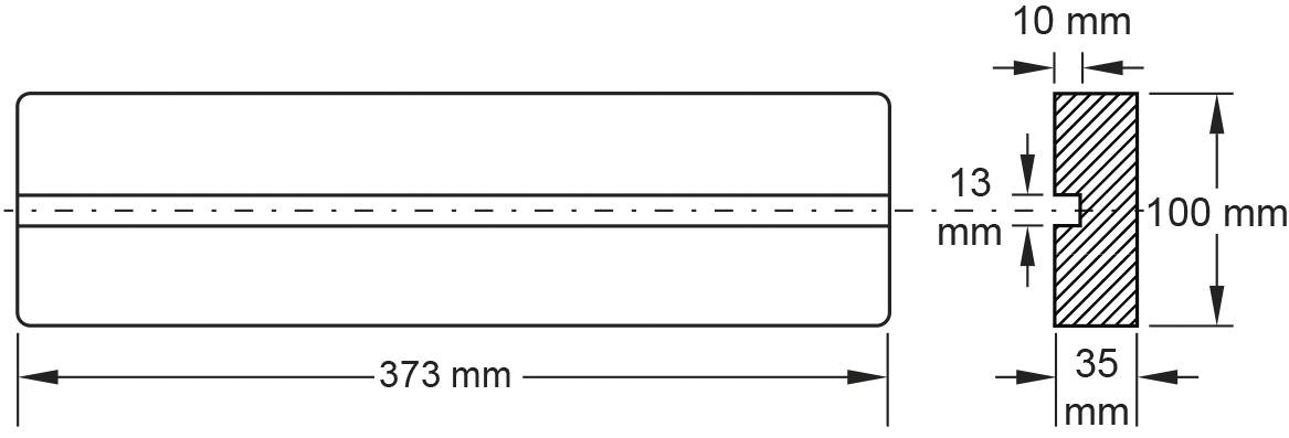 Technische Zeichnung einer rechteckigen Platte mit den Maßen: Länge 373 mm, Breite 35 mm, Stärken 10 mm und 13 mm.