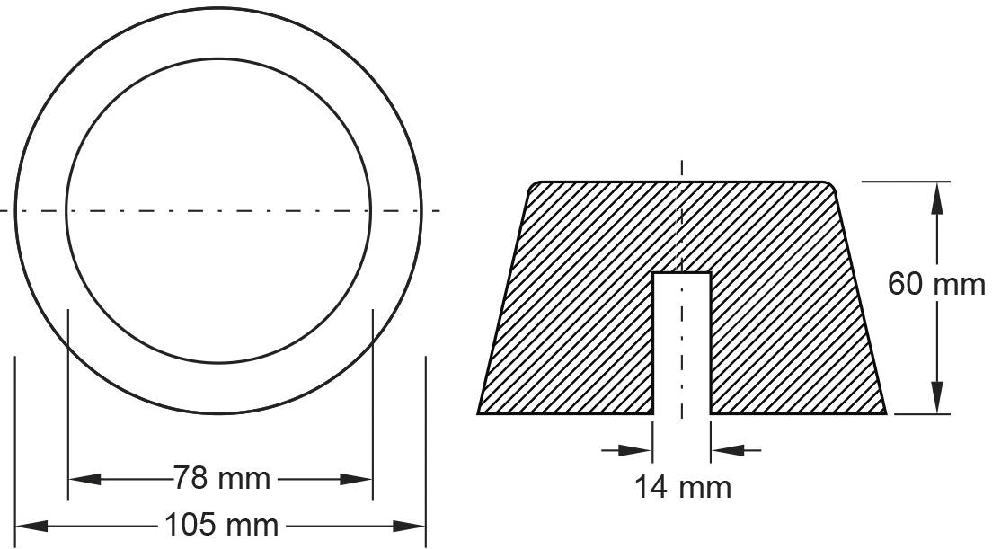 Technische Zeichnung einer scheibenförmigen Dichtung: Ansicht von oben und im Querschnitt, Durchmesser 105 mm, Öffnung 78 mm, Höhe 60 mm.