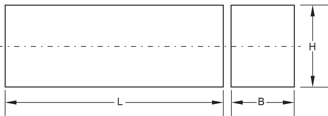 Rechteck mit den Beschriftungen für Länge (L), Breite (B) und Höhe (H) zeigt die Dimensionen eines Objekts.
