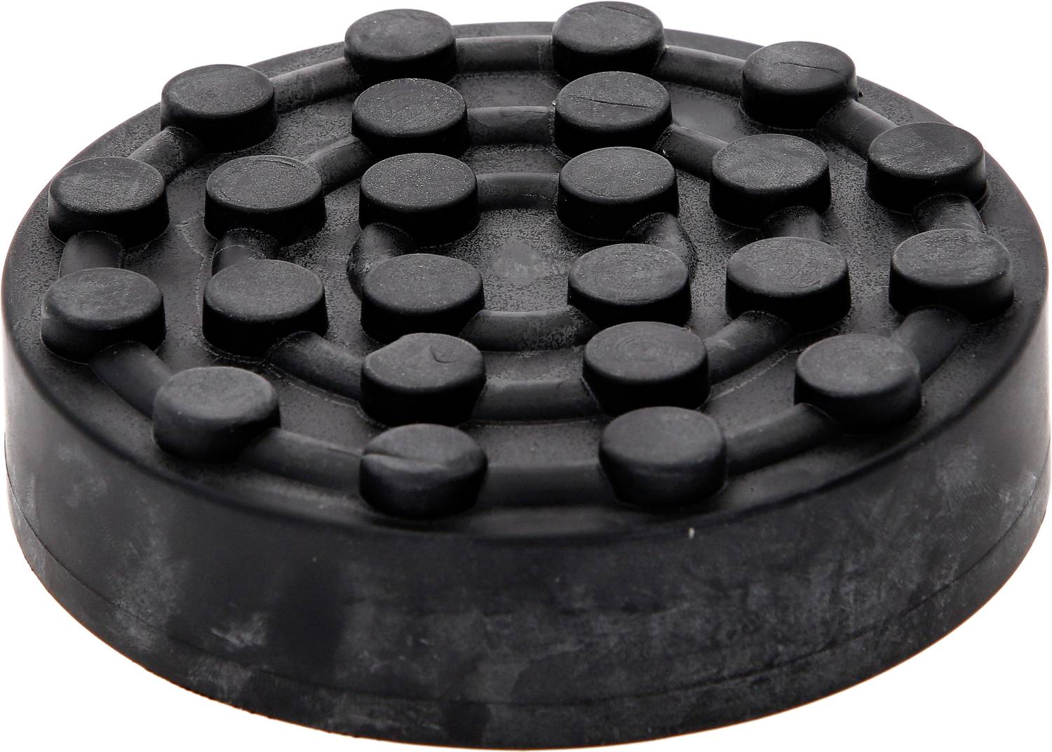 Runder, schwarzer Gummipuffer mit mehreren konzentrischen Ringen aus kleinen Erhebungen, meist zur Vibrationsdämpfung verwendet.