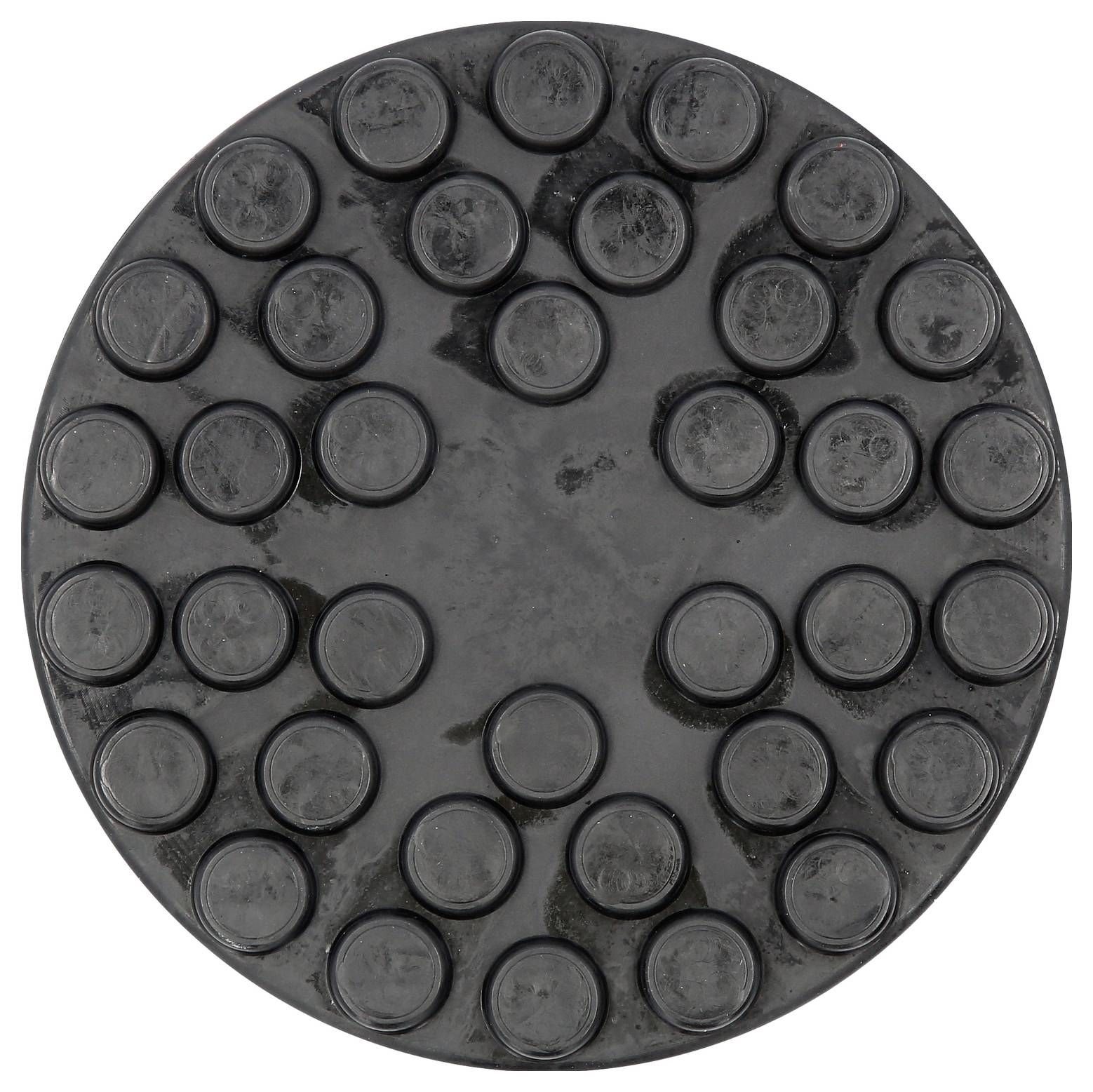Schwarze runde Oberfläche mit 28 gleichmäßig angeordneten, erhabenen Kreisen in konzentrischen Mustern.