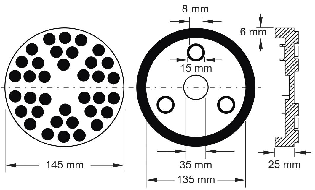 Technische Zeichnung eines runden Objekts mit Durchmesser von 145 mm. Es zeigt 35 mm und 15 mm Bohrungen sowie eine Seitenschnittansicht.