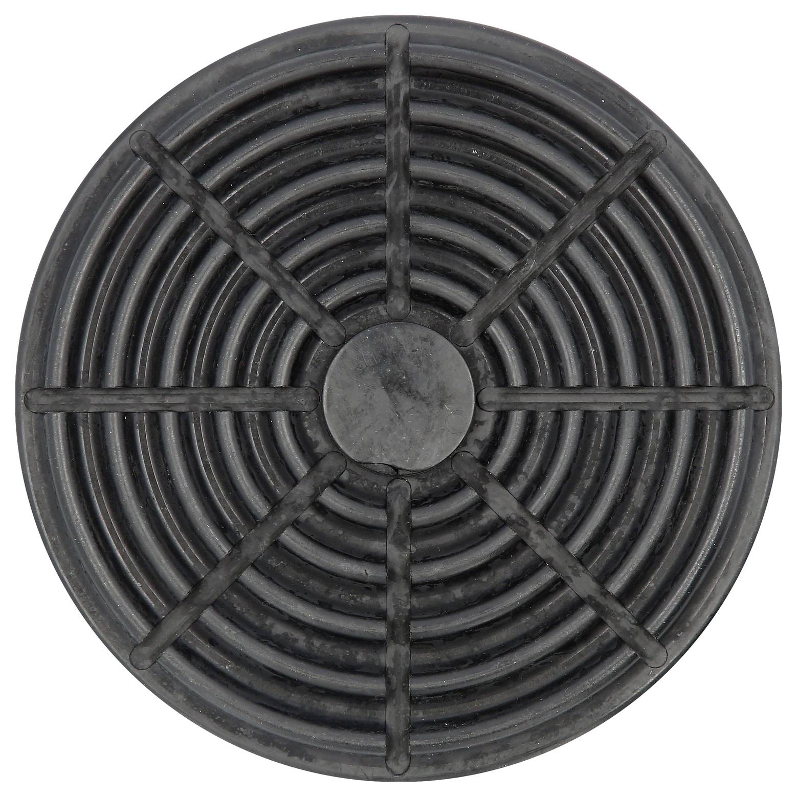 Runder, schwarzer Gummidämpfer mit mehreren konzentrischen Kreisen und radialen Streben.