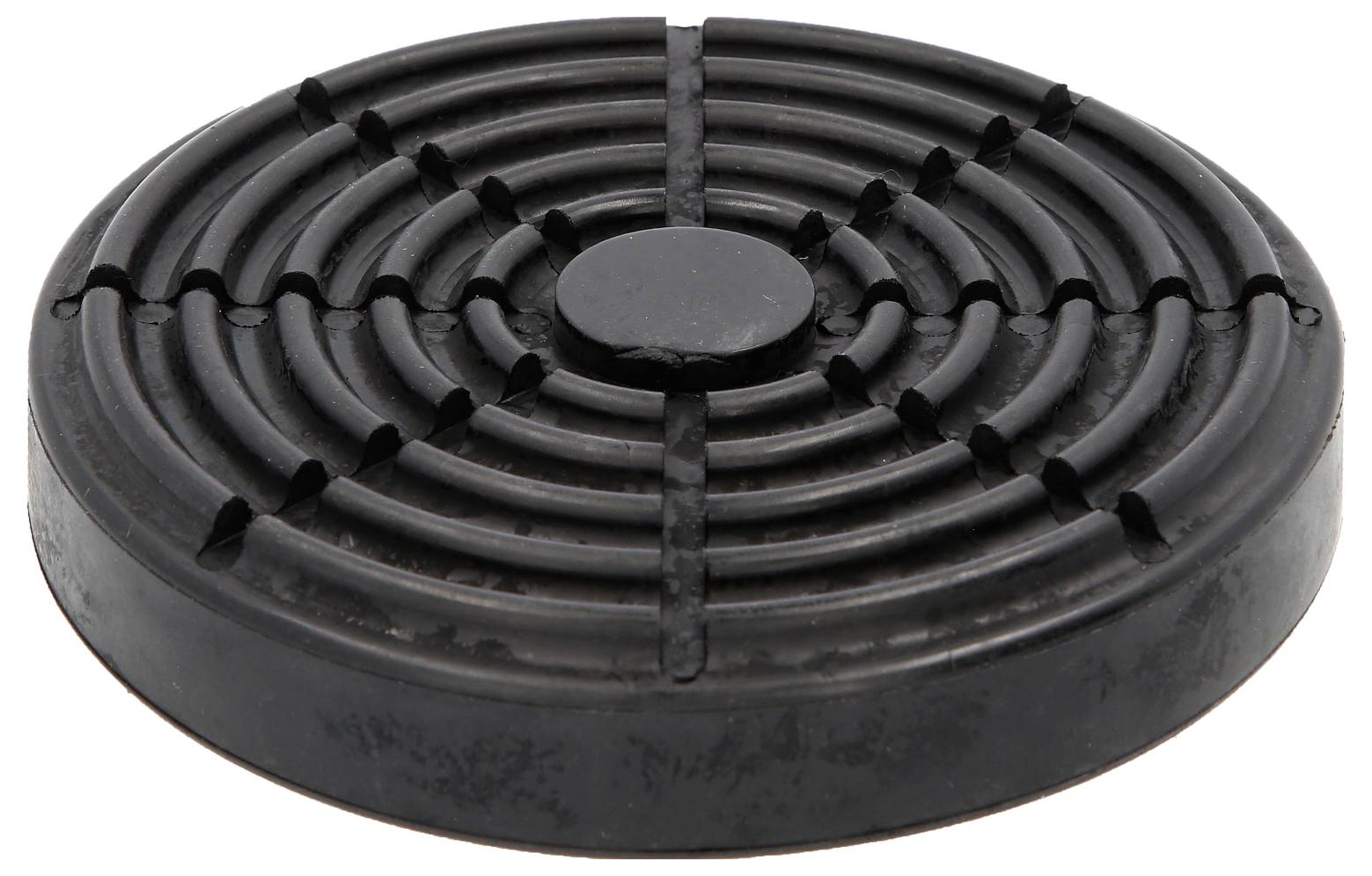 Rundes, schwarzes Gummipad mit radialen Rillen, das als Stoßdämpfer oder rutschfeste Unterlage eingesetzt wird.
