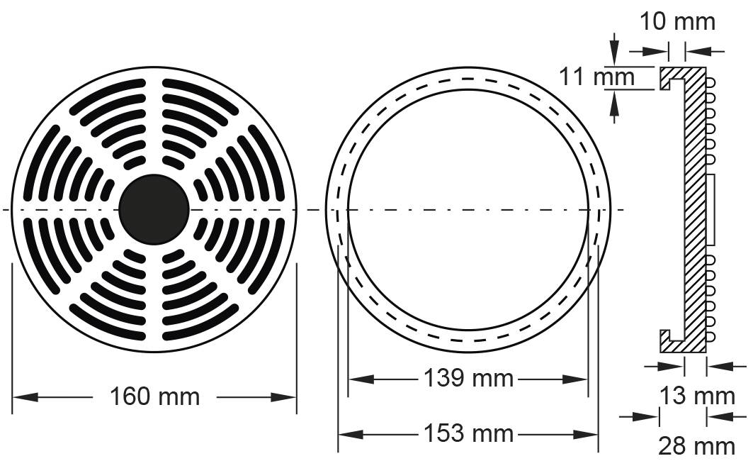 Technische Zeichnung eines runden Lüftungsgitters mit Maßen: Durchmesser 160 mm, Lochkreis 139 mm, Tiefe 28 mm, Materialstärke 11 mm.