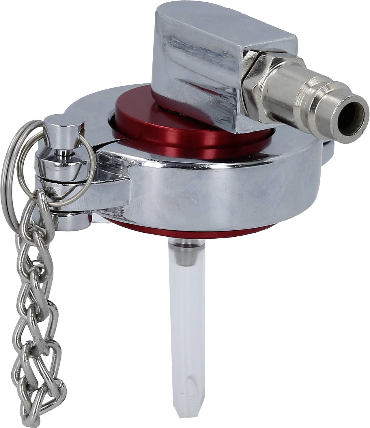 Ein silberner Metallperlator mit roter Dichtung und Kettenverschluss. Dient zum Steuern des Wasserflusses an einem Wasserhahn.