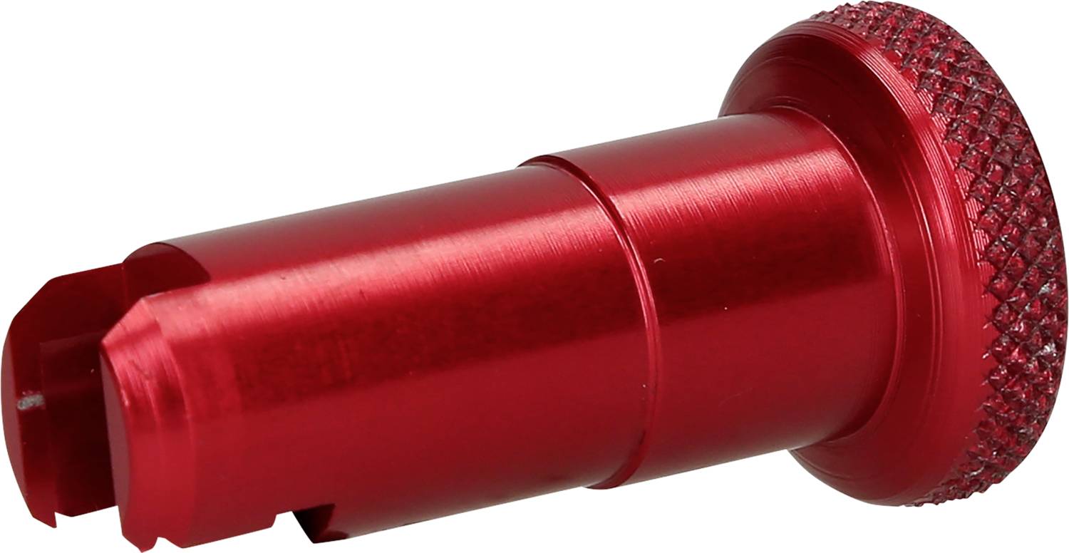 Roter zylindrischer Metallgriff mit geriffelter Kappe und glatter Oberfläche, vermutlich für handwerkliche Anwendungen geeignet.